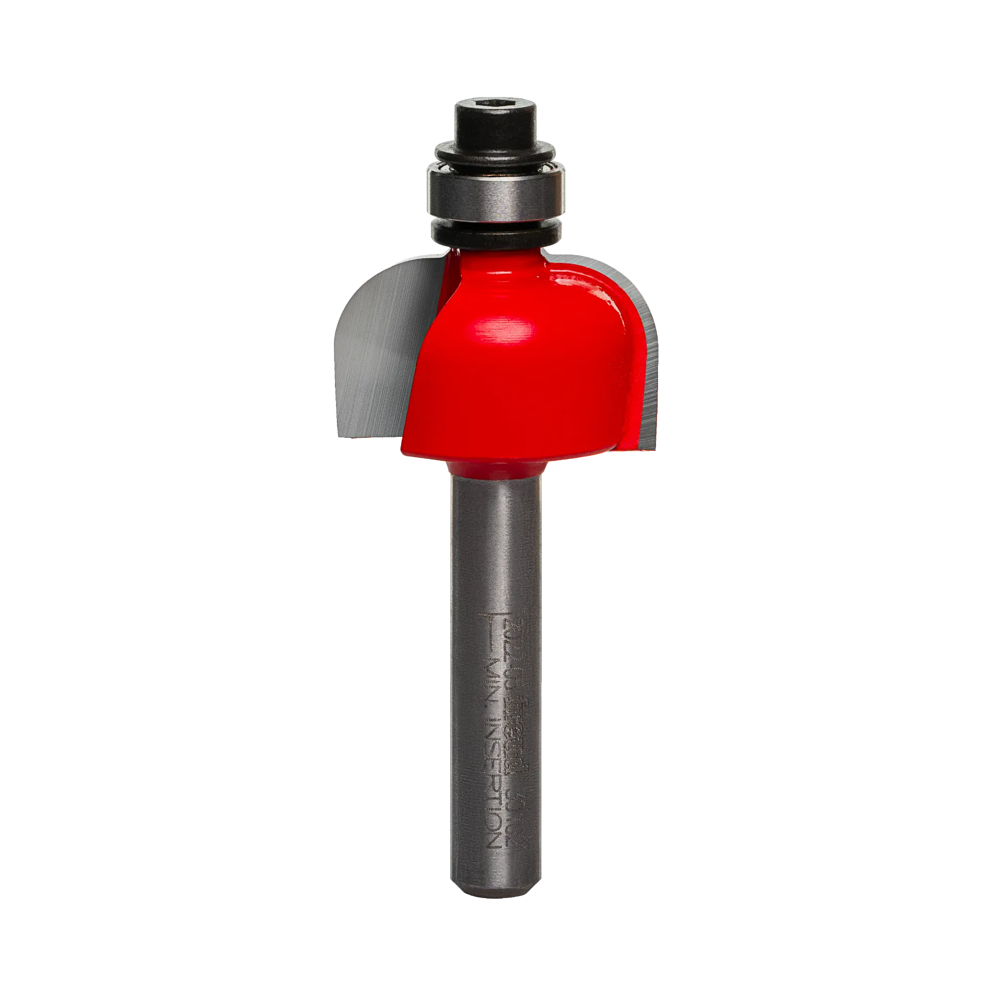 A professional studio photograph of the Freud 30-102 cove router bit, showcasing its bright red body, sharp silver carbide cutting edges, top-mounted steel ball bearing, and a polished 1/4 inch shank.