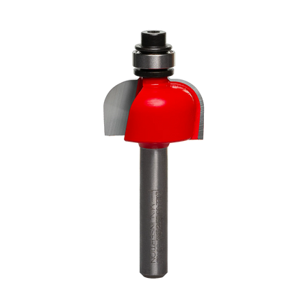 A professional studio photograph of the Freud 30-102 cove router bit, showcasing its bright red body, sharp silver carbide cutting edges, top-mounted steel ball bearing, and a polished 1/4 inch shank.
