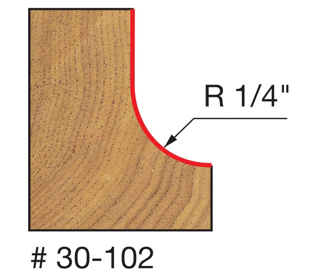 A technical diagram illustrating the cutting profile of the Freud 30-102 bit, showing a cross-section of a wood block with a precise 1/4 inch radius concave cove edge.