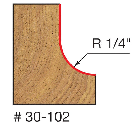 A technical diagram illustrating the cutting profile of the Freud 30-102 bit, showing a cross-section of a wood block with a precise 1/4 inch radius concave cove edge.
