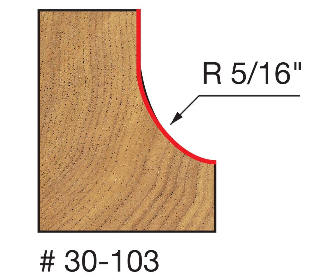 A technical profile diagram for the Freud 30-103 bit illustrating a decorative concave cove edge cut into a wood block with a specified 5/16 inch radius.