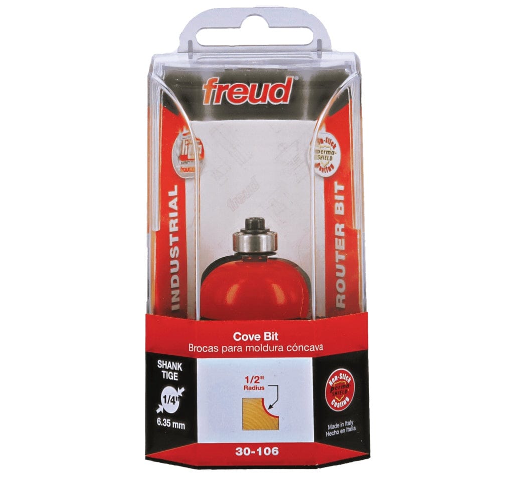 Retail clamshell packaging for the Freud 30-106 cove bit, highlighting the 1/2 inch radius profile, 1/4 inch shank size, and the non-stick Perma-SHIELD coating for professional woodworking.