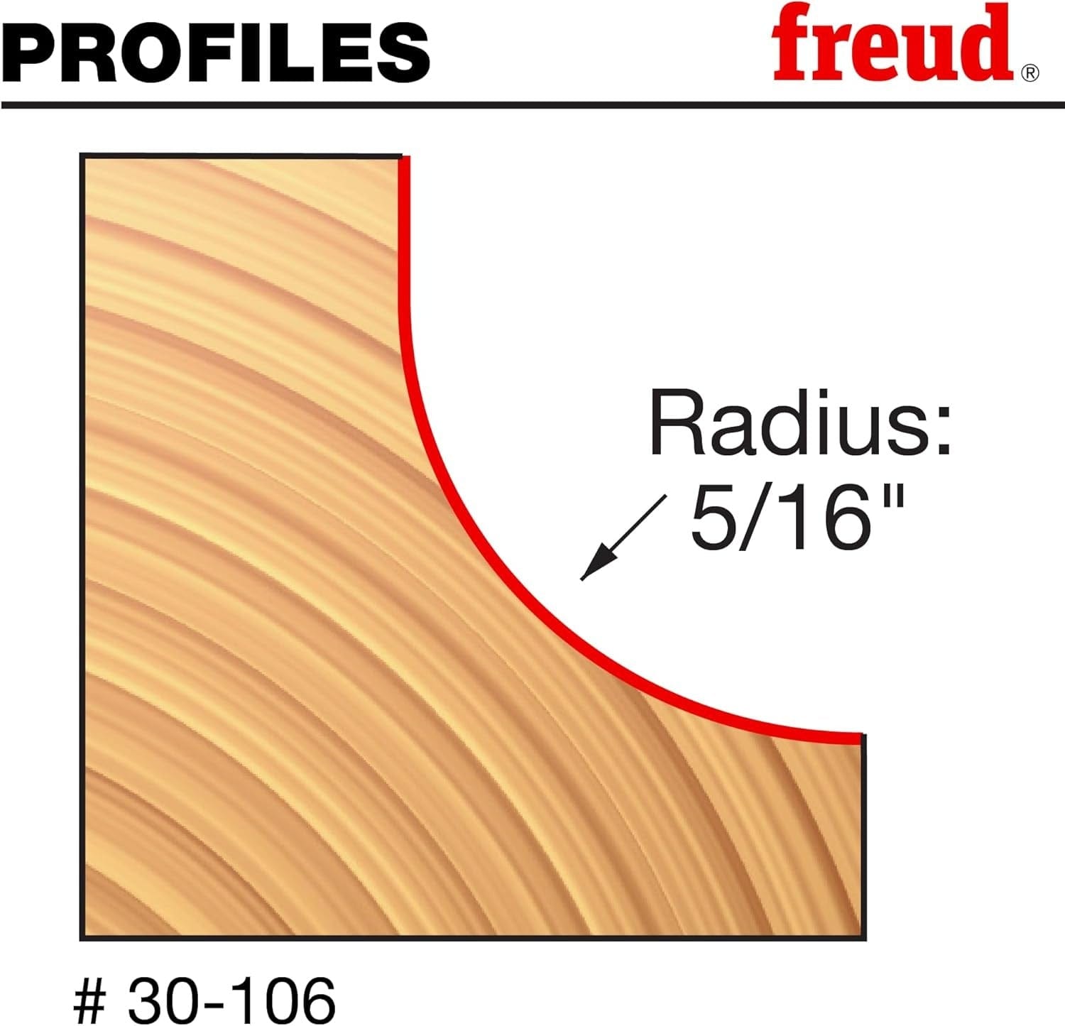 A technical profile diagram for the Freud 30-106 cove bit, illustrating a precise 5/16 inch radius cut on a wood corner to create a decorative concave edge.