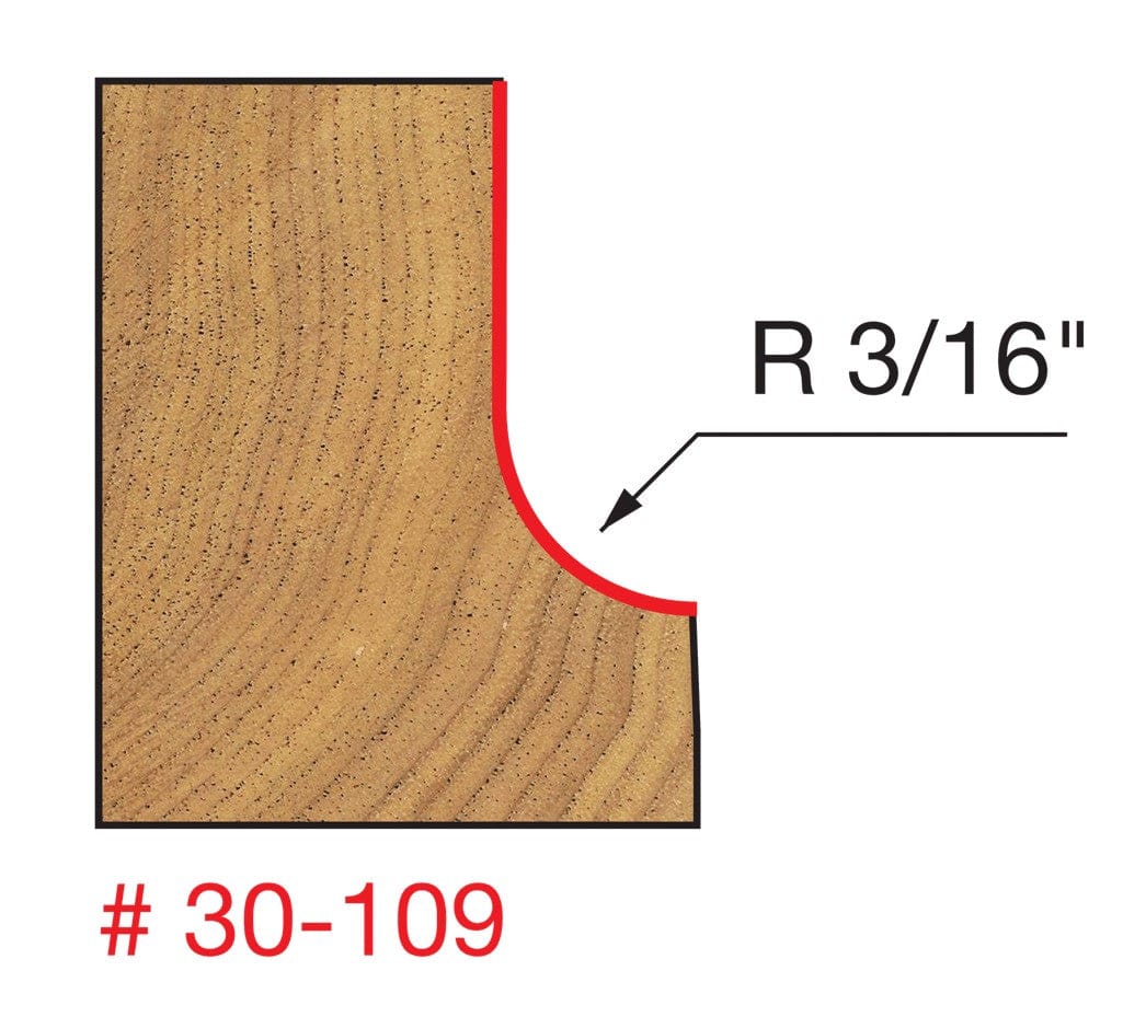 A technical profile diagram for the Freud 30-109 bit illustrating a decorative concave cove edge cut into a wood block with a specified 3/16 inch radius.