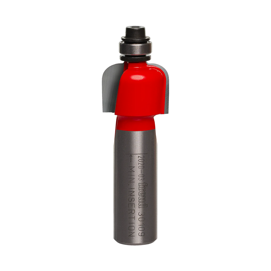 A studio product photograph of the Freud 30-109 Cove router bit featuring a red Perma-SHIELD coated body, two TiCo carbide cutting flutes, and a silver ball bearing pilot on a 1/2 inch shank.