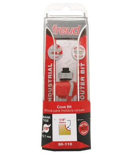 The retail packaging for the Freud 30-110 cove bit, displaying the Industrial Router Bit branding, a 1/4 inch radius specification, a 1/2 inch shank diameter, and the TiCo Hi-Density Carbide and Perma-SHIELD coating logos.