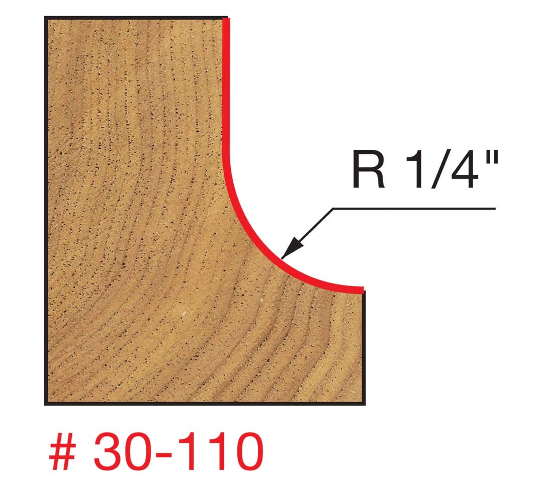 A technical diagram for the Freud 30-110 bit, illustrating a cross-section of a wood block with a red line indicating a precise 1/4 inch radius concave cove profile applied to a square edge.