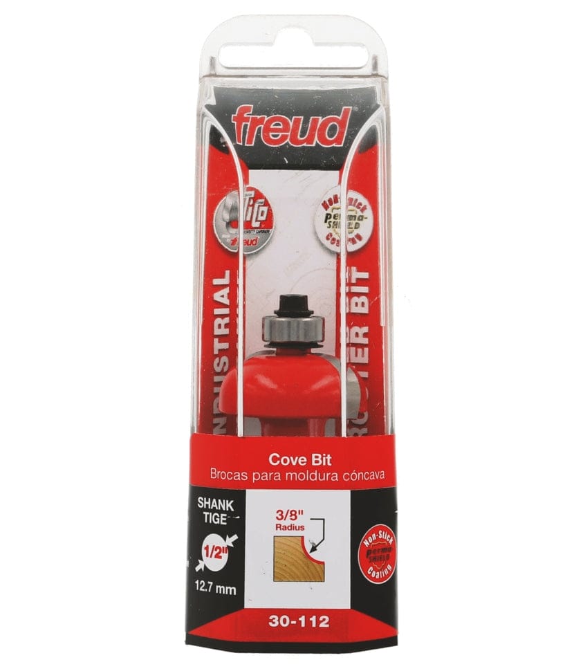The retail packaging for the Freud 30-112 cove bit, displaying the Industrial Router Bit branding, a 3/8 inch radius specification, a 1/2 inch shank diameter, and the TiCo Hi-Density Carbide and Perma-SHIELD coating logos.
