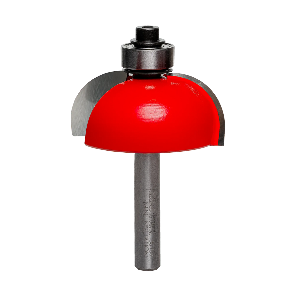 A professional studio photograph of the Freud 30-114 cove router bit, featuring its bright red Perma-SHIELD coating on the cutting head, sharp silver carbide edges, a top-mounted ball bearing pilot, and a polished 1/2 inch steel shank.