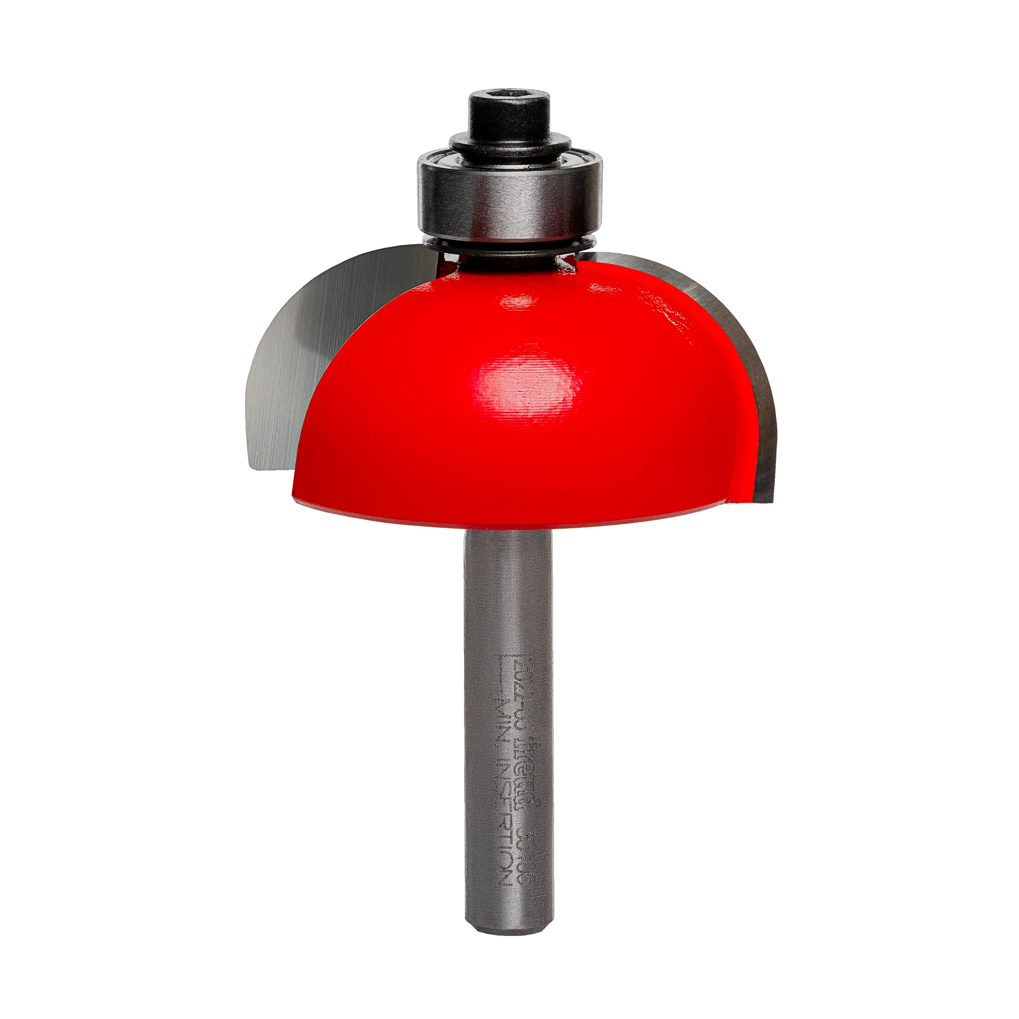 A professional studio photograph of the Freud 30-114 cove router bit, featuring its bright red Perma-SHIELD coating on the cutting head, sharp silver carbide edges, a top-mounted ball bearing pilot, and a polished 1/2 inch steel shank.