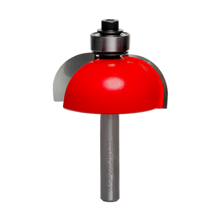 A professional studio photograph of the Freud 30-114 cove router bit, featuring its bright red Perma-SHIELD coating on the cutting head, sharp silver carbide edges, a top-mounted ball bearing pilot, and a polished 1/2 inch steel shank.