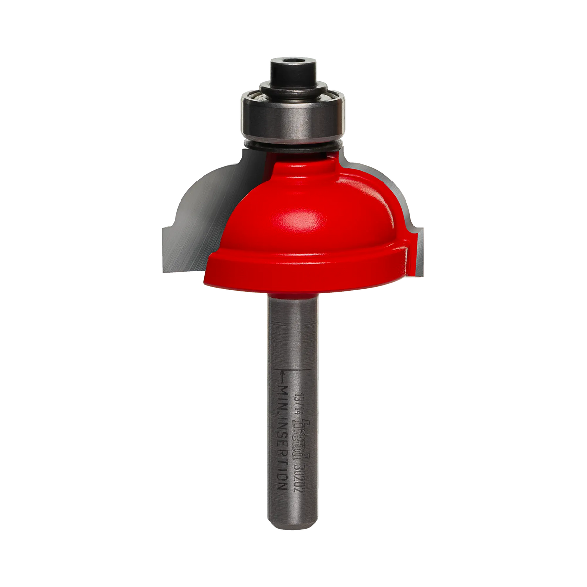 Studio shot of the Freud 30-202 Cove and Fillet router bit featuring a red Perma-SHIELD body, two carbide cutters, 1/4 inch silver shank, and top ball bearing guide.
