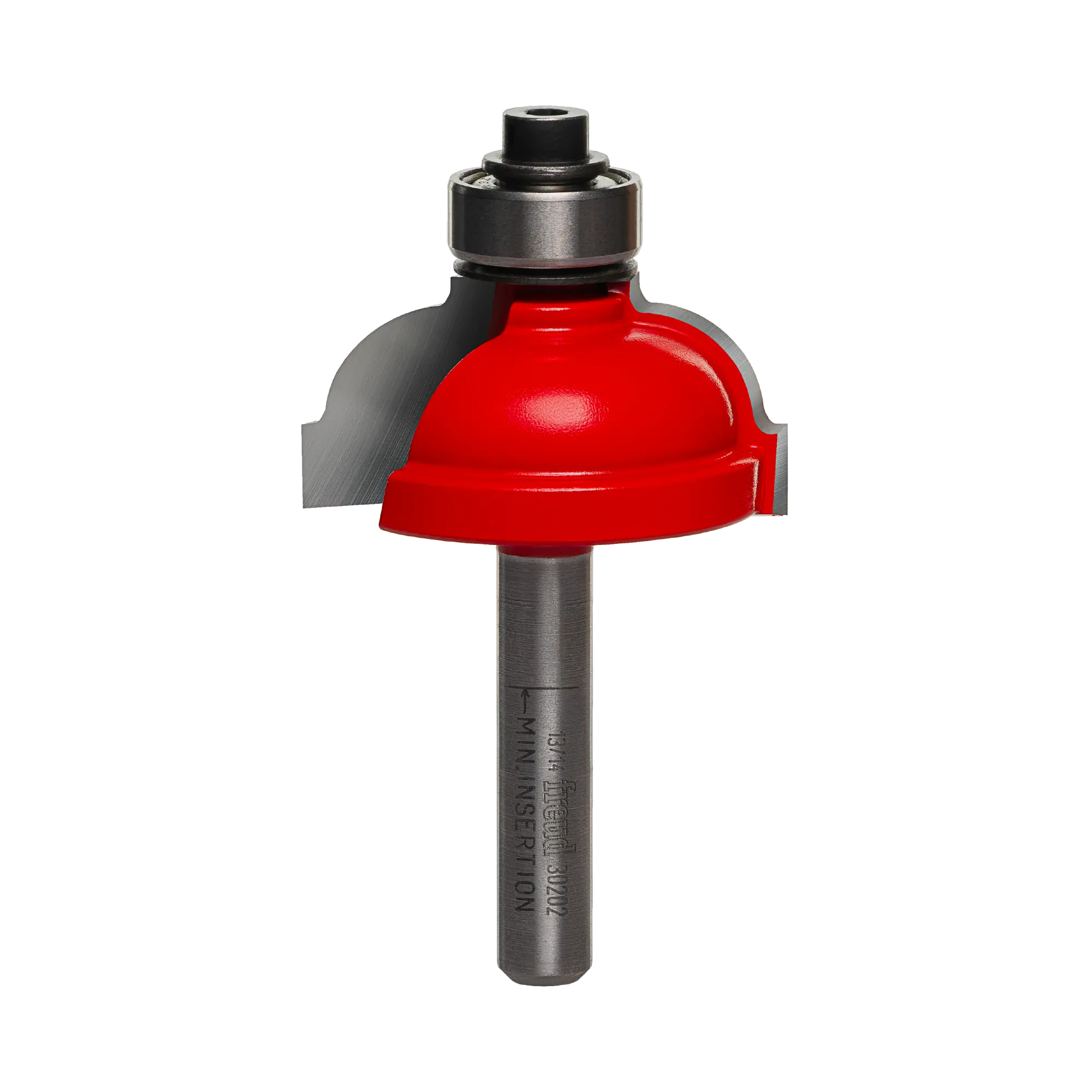 Studio shot of the Freud 30-202 Cove and Fillet router bit featuring a red Perma-SHIELD body, two carbide cutters, 1/4 inch silver shank, and top ball bearing guide.