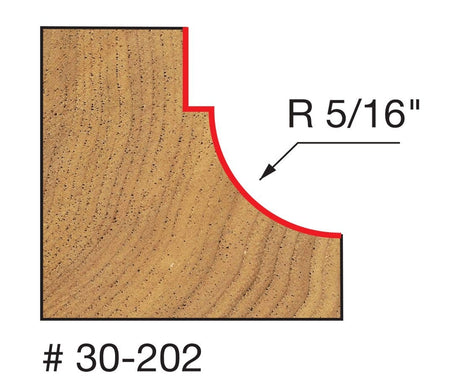 Technical profile diagram illustrating the Cove and Fillet shape cut into a wood edge by the Freud 30-202 bit, specifying a 5/16 inch radius.