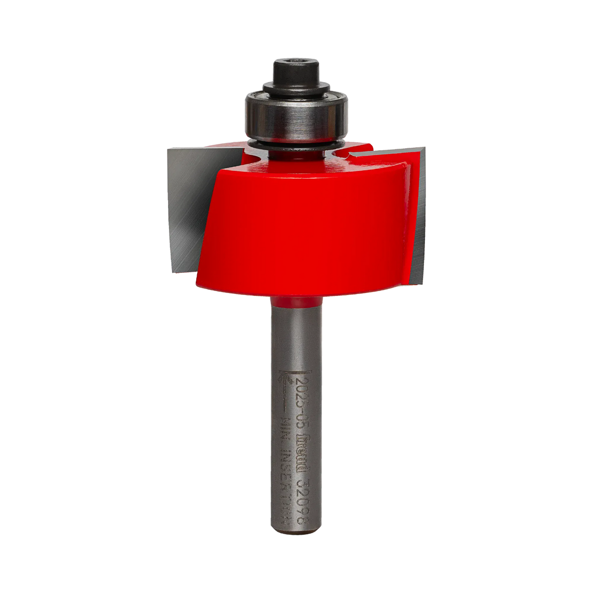 A professional studio photograph of the Freud 32-098 rabbeting router bit, highlighting its bright red Perma-SHIELD coating on the cutting head, sharp silver TiCo carbide edges, a top-mounted ball bearing pilot, and a polished 1/4 inch steel shank.