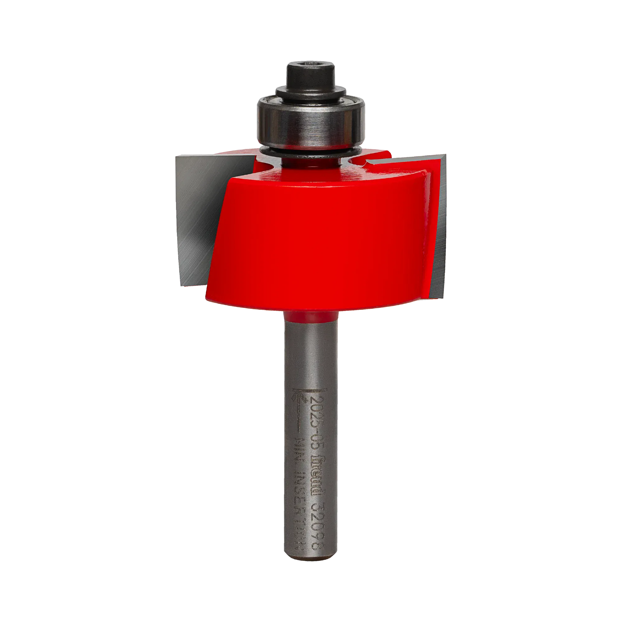A professional studio photograph of the Freud 32-098 rabbeting router bit, highlighting its bright red Perma-SHIELD coating on the cutting head, sharp silver TiCo carbide edges, a top-mounted ball bearing pilot, and a polished 1/4 inch steel shank.