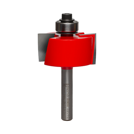A professional studio photograph of the Freud 32-098 rabbeting router bit, highlighting its bright red Perma-SHIELD coating on the cutting head, sharp silver TiCo carbide edges, a top-mounted ball bearing pilot, and a polished 1/4 inch steel shank.