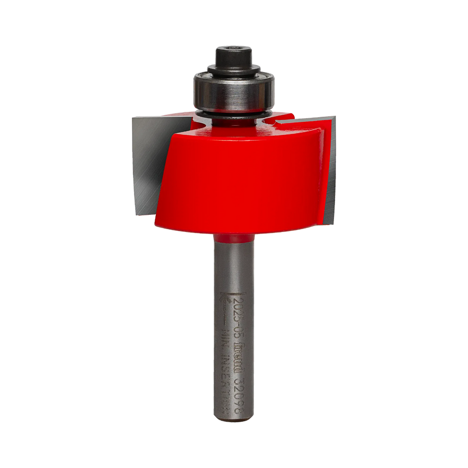 A professional studio photograph of the Freud 32-098 rabbeting router bit, highlighting its bright red Perma-SHIELD coating on the cutting head, sharp silver TiCo carbide edges, a top-mounted ball bearing pilot, and a polished 1/4 inch steel shank.