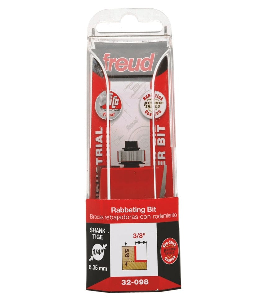 The retail packaging for the Freud 32-098 rabbeting bit, prominently displaying the Industrial Router Bit branding, a 3/8 inch rabbet depth specification, a 1/4 inch shank diameter, and the TiCo Hi-Density Carbide and Perma-SHIELD coating logos.