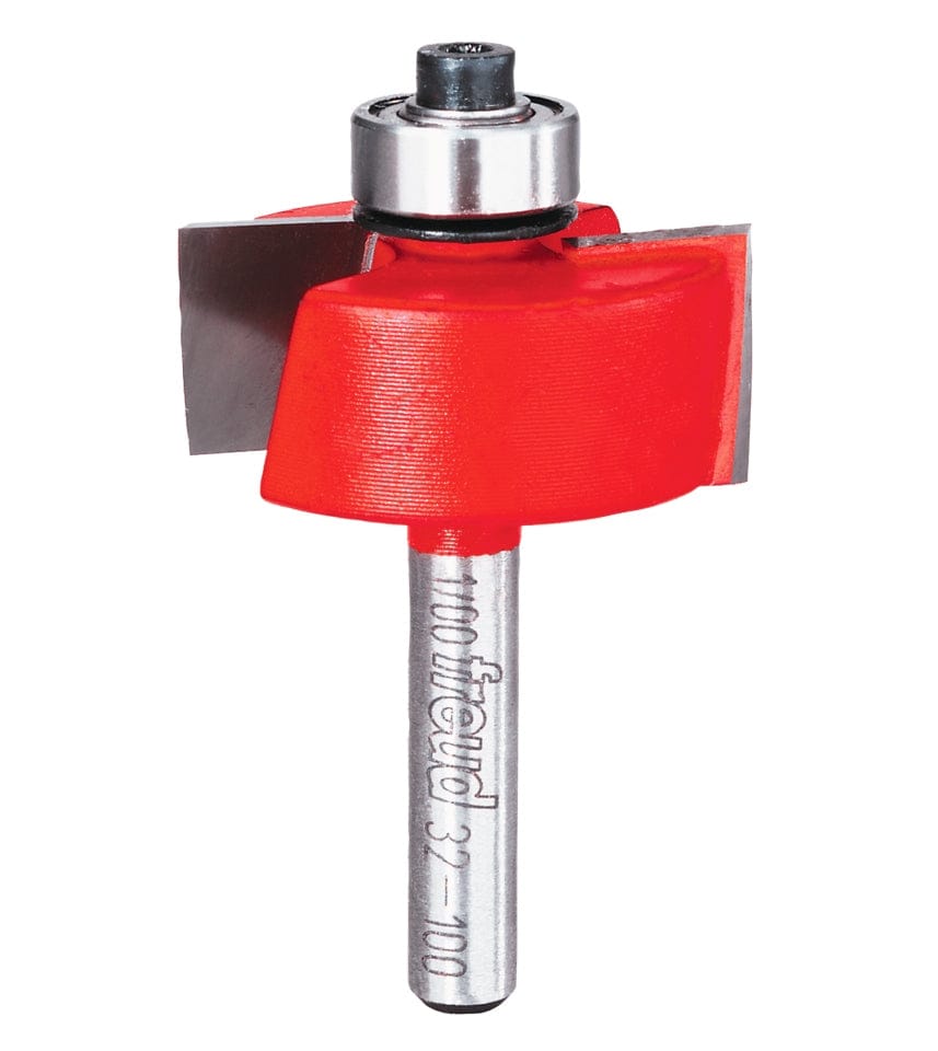 A side-profile view of the Freud 32-100 rabbeting bit against a white background, highlighting the dual high-density carbide cutting edges and the precision-mounted top ball bearing.