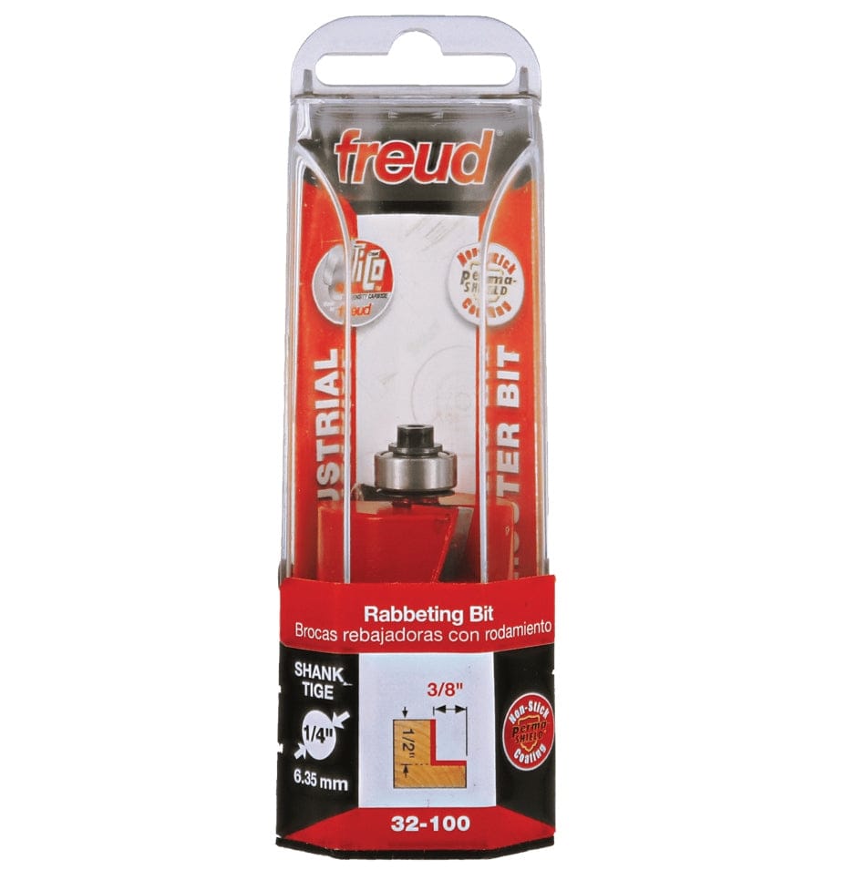 Retail clamshell packaging for the Freud 32-100 industrial rabbeting bit, displaying the 1-1/4 inch diameter, 3/8 inch carbide height, and 1/4 inch shank size for professional cabinetmaking joinery.