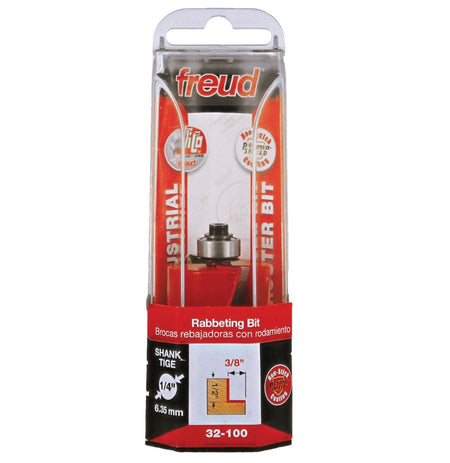 Retail clamshell packaging for the Freud 32-100 industrial rabbeting bit, displaying the 1-1/4 inch diameter, 3/8 inch carbide height, and 1/4 inch shank size for professional cabinetmaking joinery.