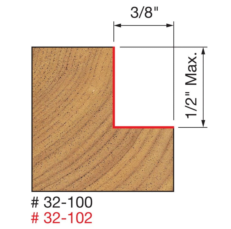 A technical profile diagram for the Freud 32-100 bit, illustrating a precise 3/8-inch deep by 1/2-inch maximum height L-shaped rabbet cut in a wood workpiece.