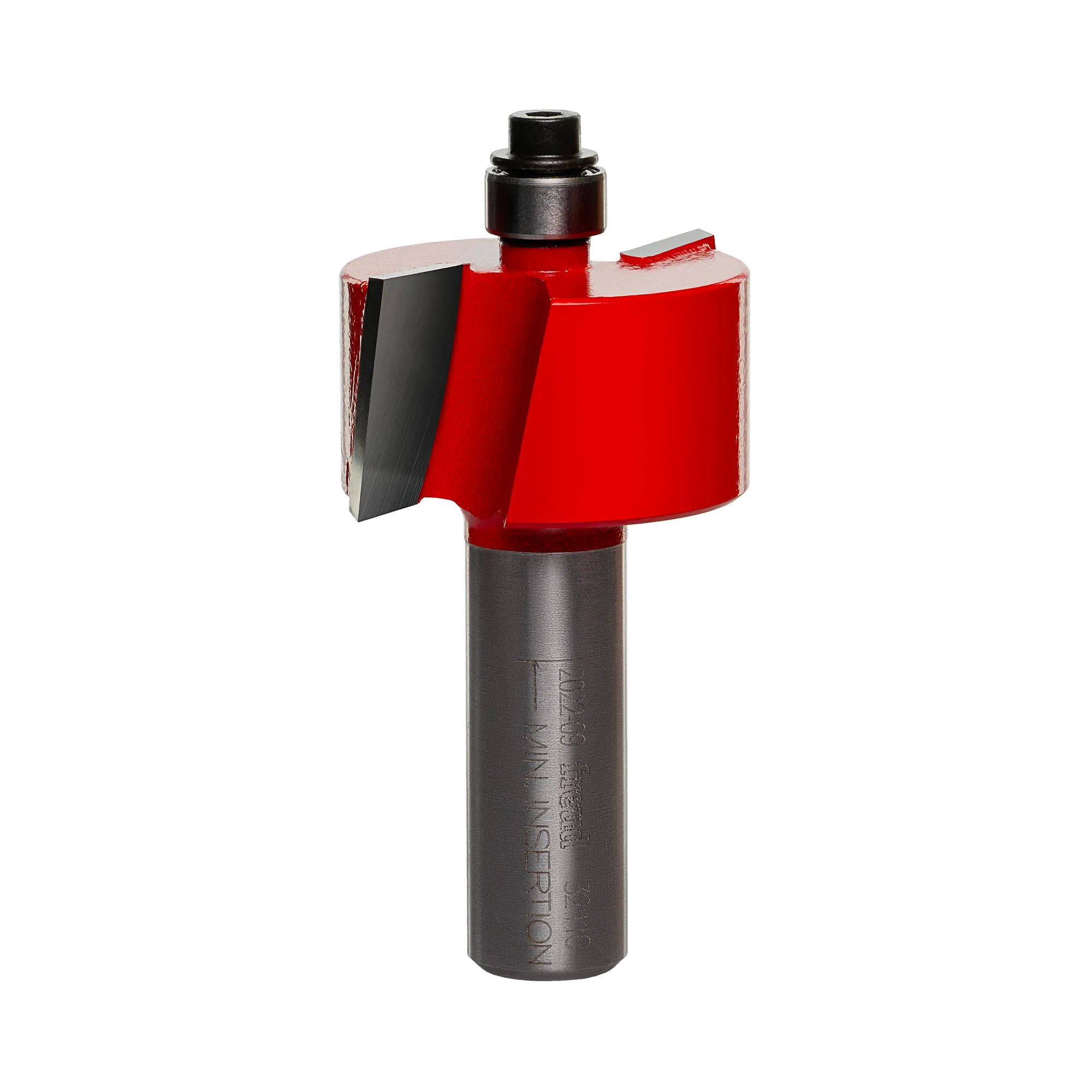 A studio product photograph of the Freud 32-110 Rabbeting router bit featuring a red Perma-SHIELD body, two carbide cutting flutes, and a silver ball bearing pilot on a 1/2 inch shank.