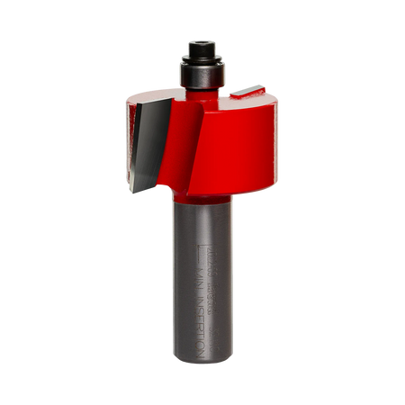 A studio product photograph of the Freud 32-110 Rabbeting router bit featuring a red Perma-SHIELD body, two carbide cutting flutes, and a silver ball bearing pilot on a 1/2 inch shank.