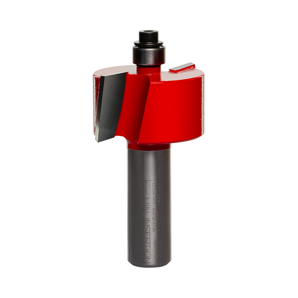 A studio product photograph of the Freud 32-110 Rabbeting router bit featuring a red Perma-SHIELD body, two carbide cutting flutes, and a silver ball bearing pilot on a 1/2 inch shank.