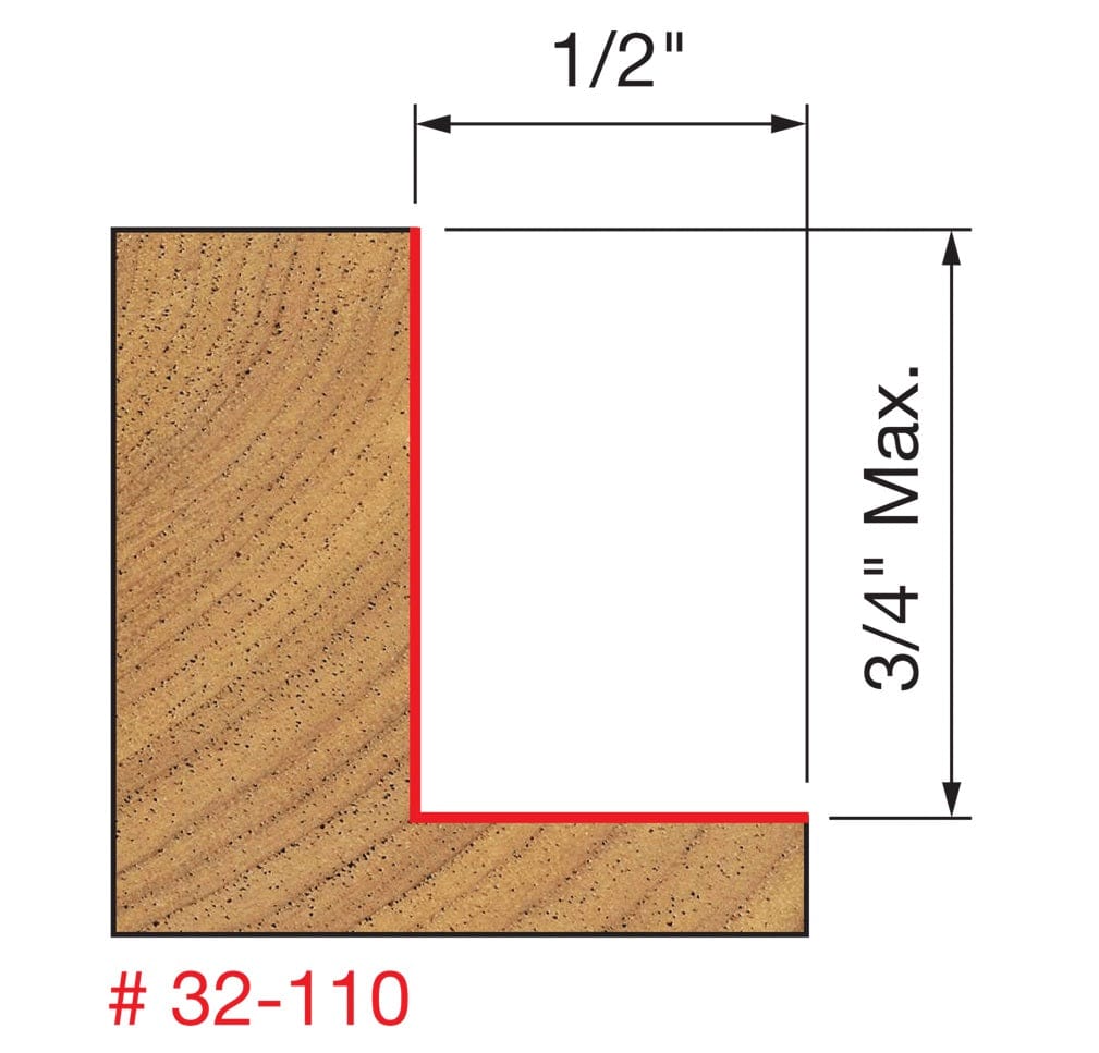 A technical profile diagram for the Freud 32-110 bit illustrating a rabbet cut into wood with a specified maximum depth of 1/2 inch and a maximum height of 3/4 inch.