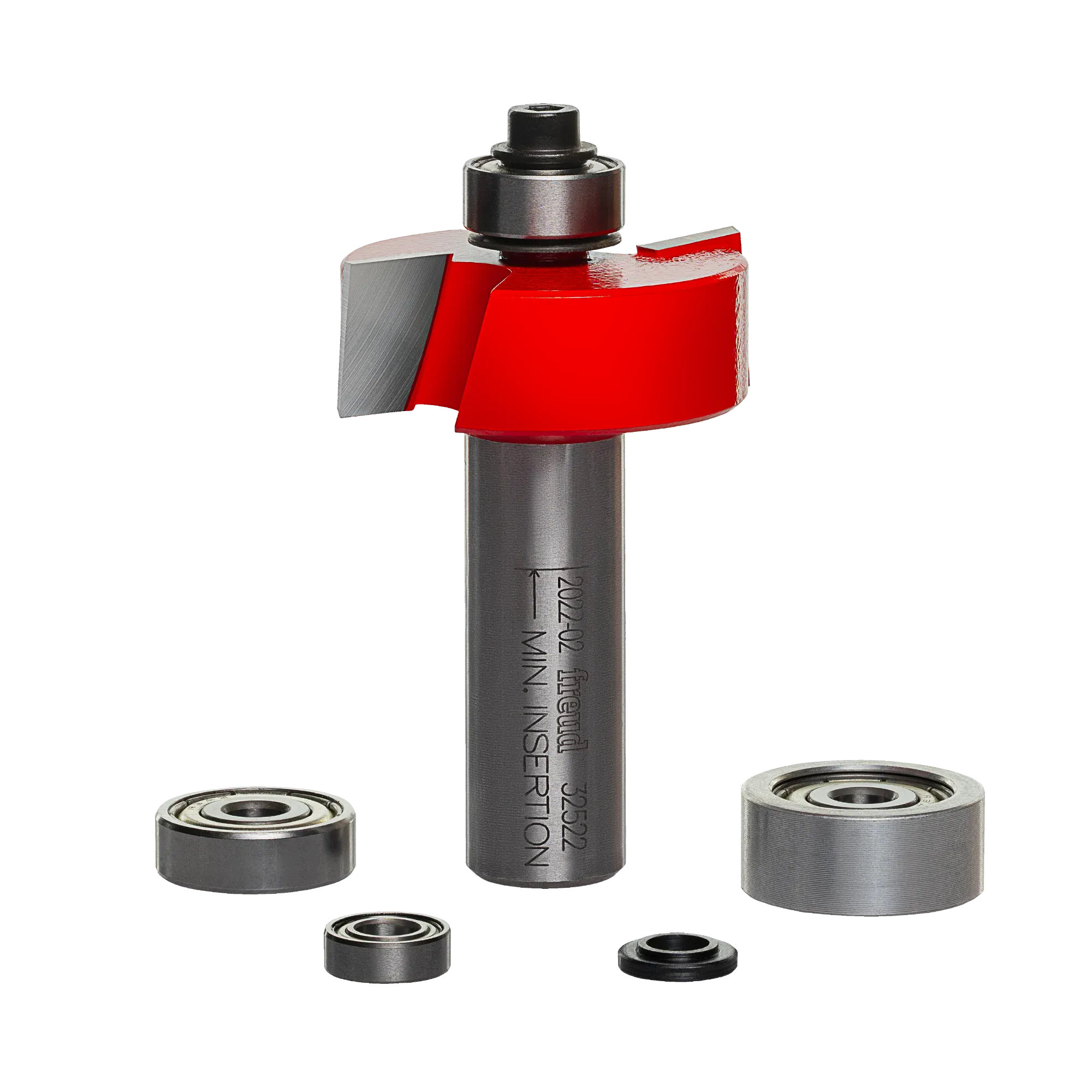 A professional studio photograph of the Freud 32-522 multi-rabbet router bit, showcasing its red Perma-SHIELD coating on the cutting head, silver TiCo carbide edges, and a polished 1/2-inch steel shank, shown alongside its included interchangeable ball bearings of various diameters.