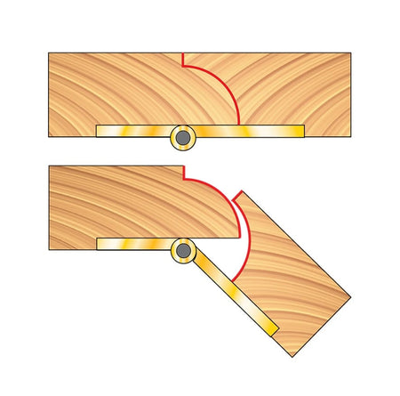 A technical instructional diagram showing two views of a wood rule joint for a drop-leaf table. The top view shows the joint closed with a red line indicating the mating 1/2 inch radius profiles, and the bottom view shows the joint open, illustrating how the leaf rotates smoothly around a central hinge.