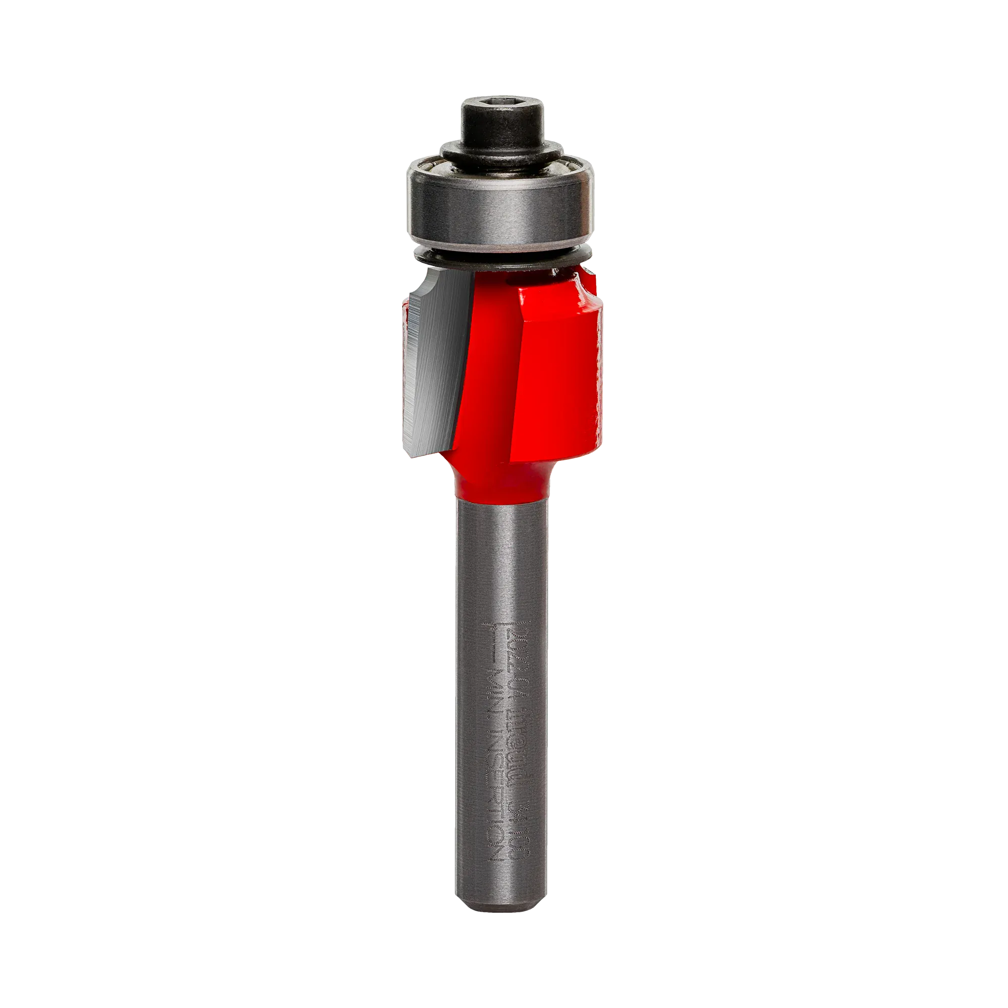 A side-profile view of the Freud 34-100 rounding over bit against a white background, highlighting the dual high-density carbide cutting edges and the precision-mounted top ball bearing.