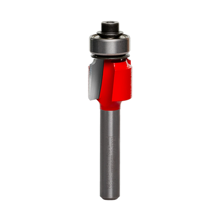 A side-profile view of the Freud 34-100 rounding over bit against a white background, highlighting the dual high-density carbide cutting edges and the precision-mounted top ball bearing.