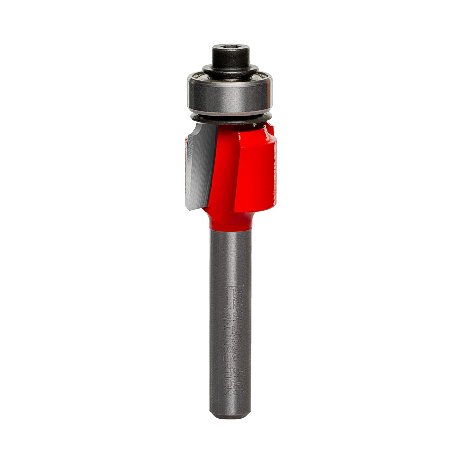 A side-profile view of the Freud 34-100 rounding over bit against a white background, highlighting the dual high-density carbide cutting edges and the precision-mounted top ball bearing.