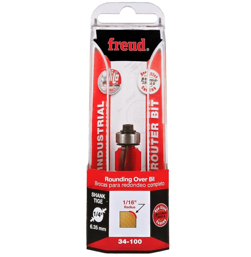 Retail clamshell packaging for the Freud 34-100 industrial rounding over bit, displaying the 1/16-inch radius profile, 5/8-inch overall diameter, and 1/4-inch shank size for professional woodworking projects.