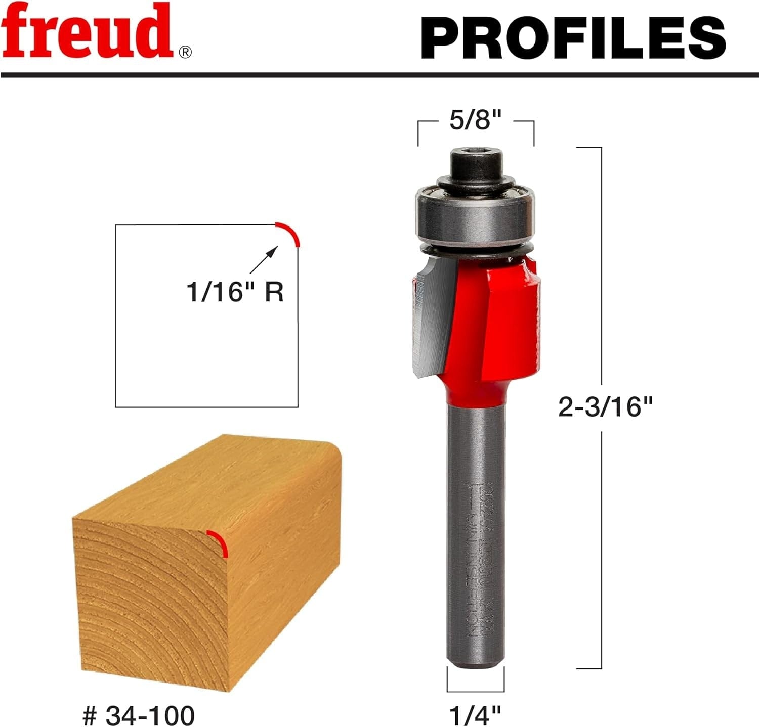 A technical profile diagram for the Freud 34-100 bit, illustrating a precise 1/16-inch radius rounding cut on a wood corner to create a soft, finished edge.