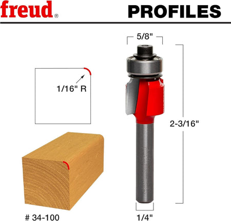A technical profile diagram for the Freud 34-100 bit, illustrating a precise 1/16-inch radius rounding cut on a wood corner to create a soft, finished edge.