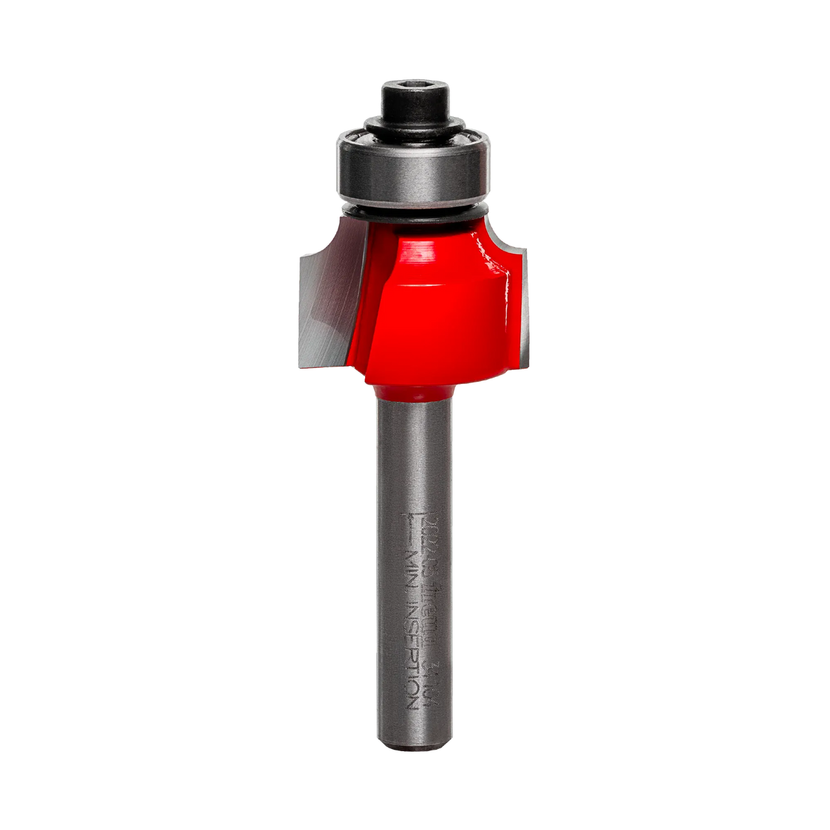 A side-profile view of the Freud 34-104 rounding over bit against a white background, highlighting the dual high-density carbide cutting edges and the precision-mounted top ball bearing.