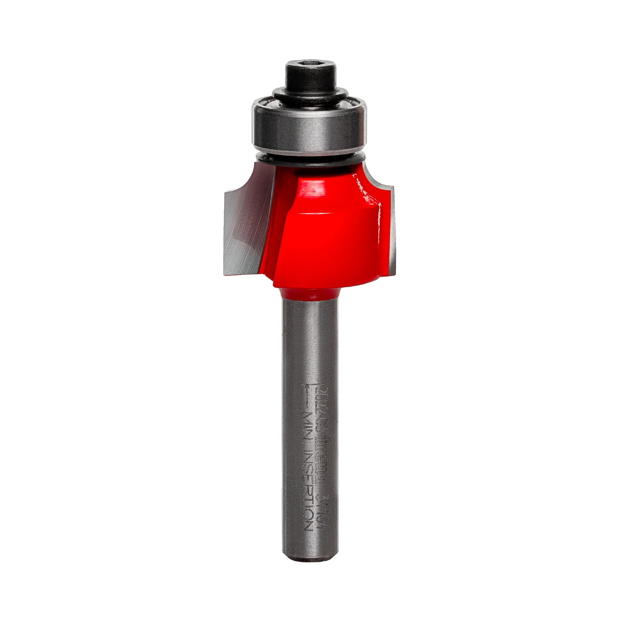 A side-profile view of the Freud 34-104 rounding over bit against a white background, highlighting the dual high-density carbide cutting edges and the precision-mounted top ball bearing.