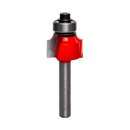 A side-profile view of the Freud 34-104 rounding over bit against a white background, highlighting the dual high-density carbide cutting edges and the precision-mounted top ball bearing.