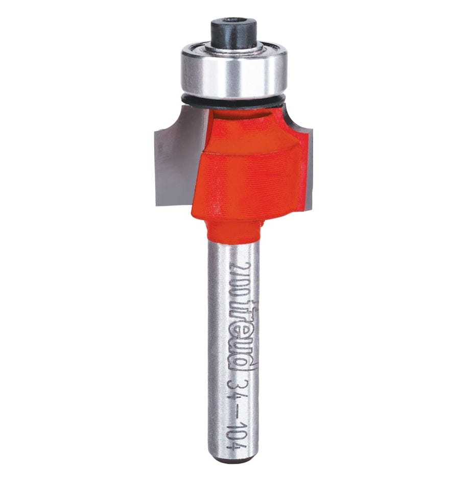 A side-profile view of the Freud 34-104 rounding over bit against a white background, highlighting the dual high-density carbide cutting edges and the precision-mounted top ball bearing.