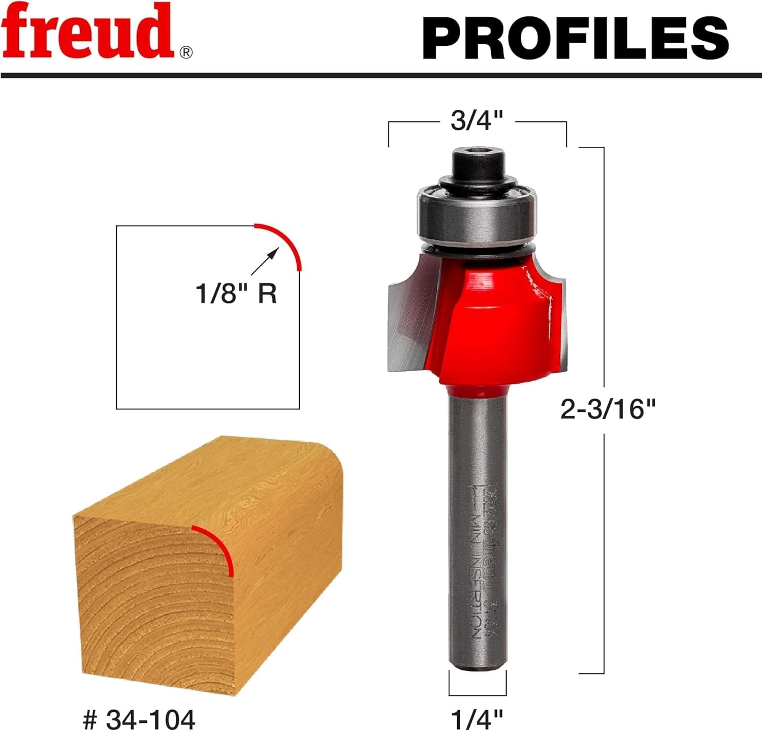 A technical profile diagram for the Freud 34-104 bit, illustrating a precise 1/8-inch radius rounding cut on a wood corner to create a soft, decorative finished edge.