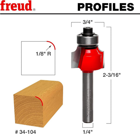 A technical profile diagram for the Freud 34-104 bit, illustrating a precise 1/8-inch radius rounding cut on a wood corner to create a soft, decorative finished edge.