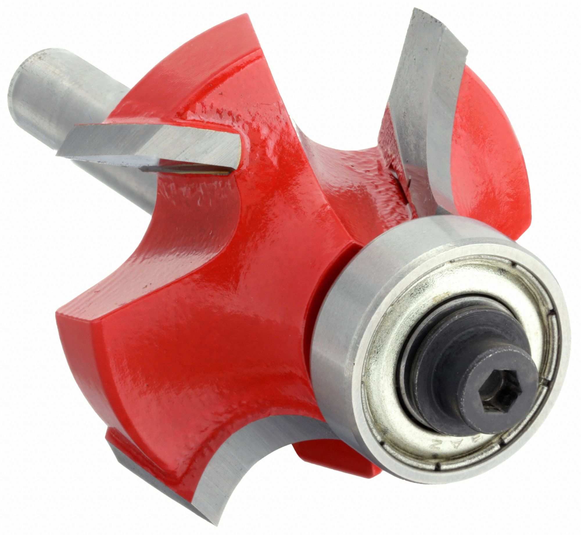 A close-up perspective of the Freud 34-108 carbide rounding over bit, highlighting the dual high-density carbide cutting edges and the precision-mounted ball-bearing guide.