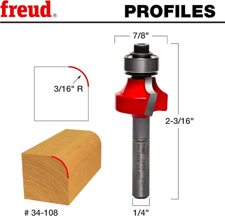 A technical profile diagram of the Freud 34-108 bit showing the 3/16-inch radius curve, a 7/8-inch overall diameter, and a 2-3/16-inch overall length for professional edging.