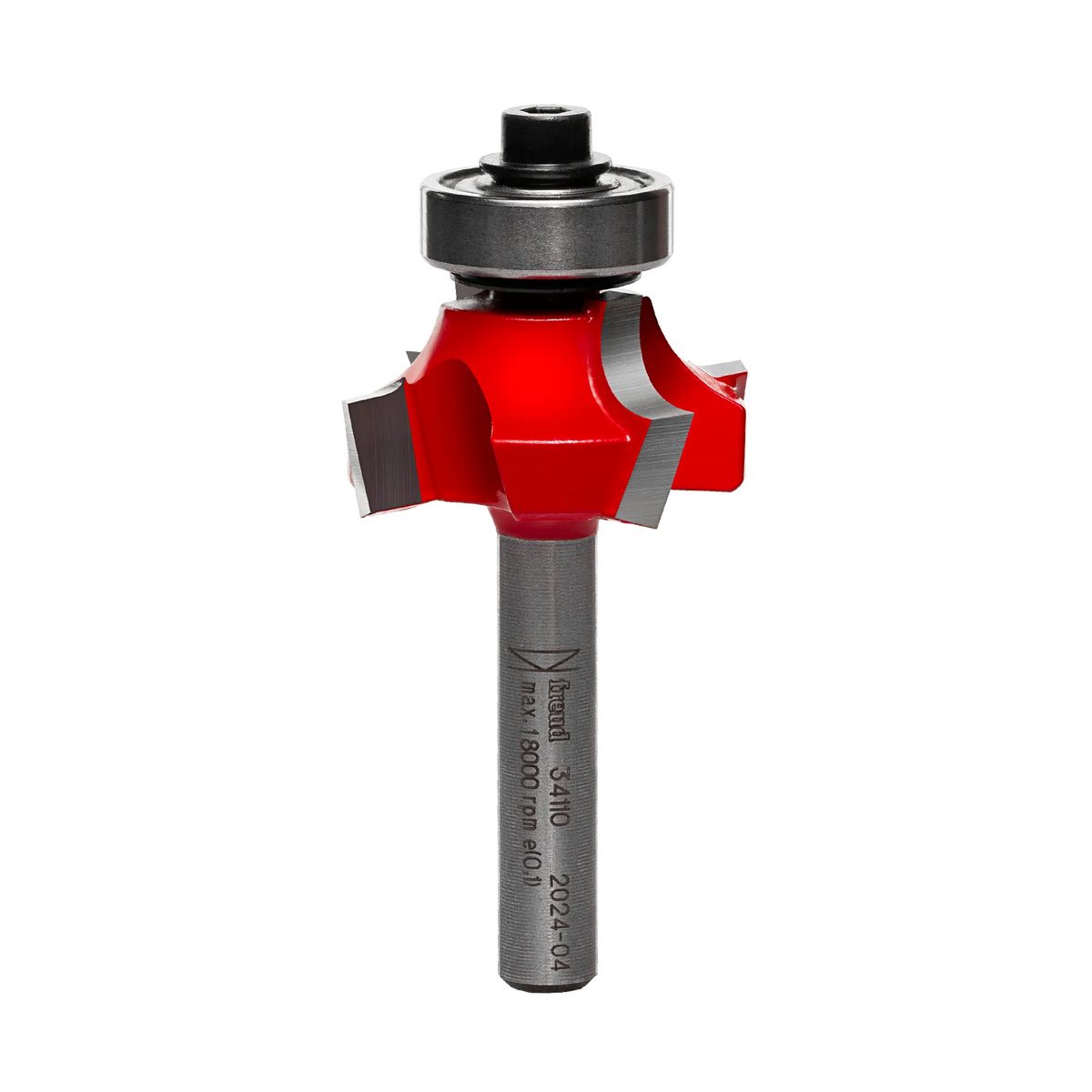 A side-profile view of the Freud 34-110 1/4-inch radius Quadra-Cut bit against a white background, displaying the precision-ground dual-motion cutters and the integrated ball-bearing guide.