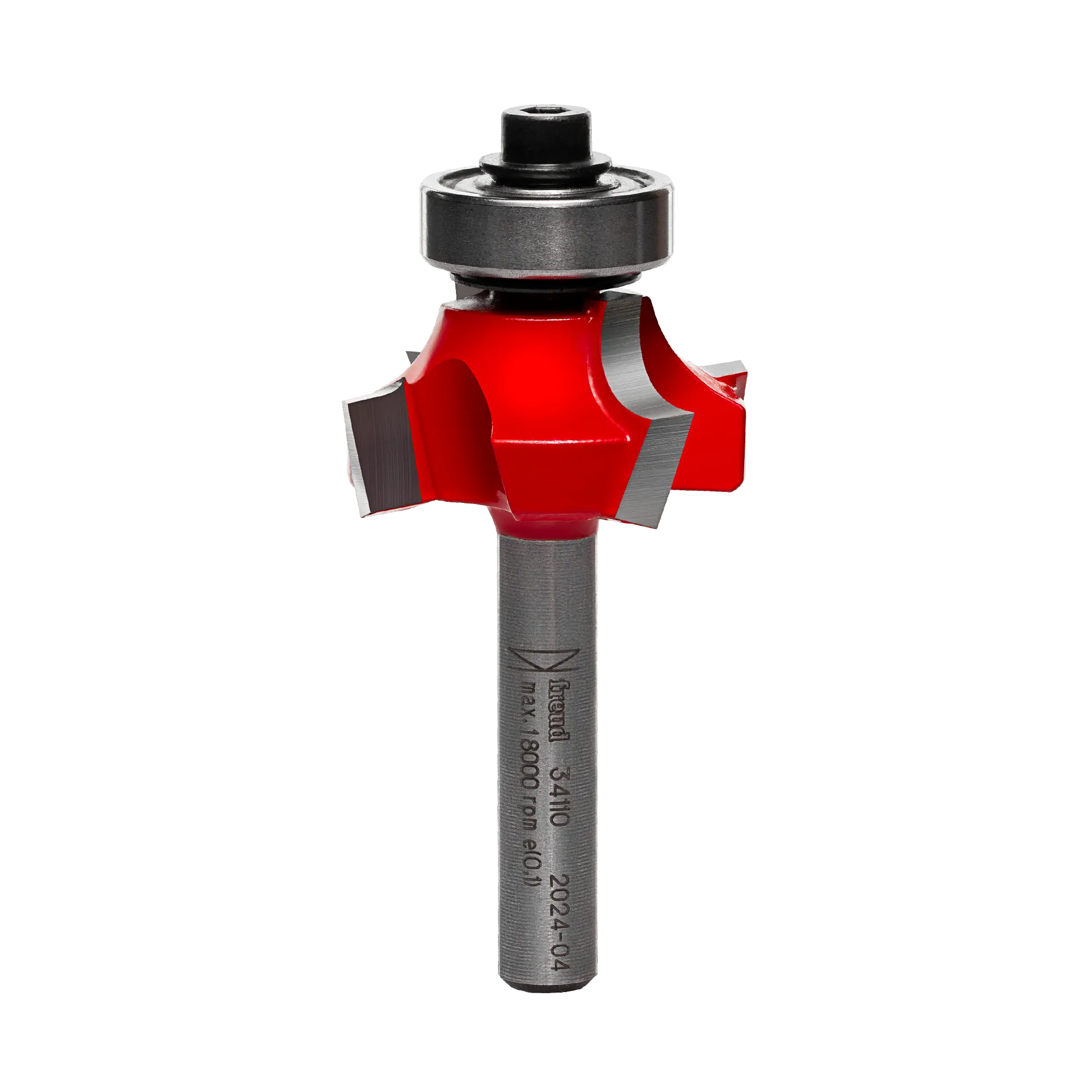 A side-profile view of the Freud 34-110 1/4-inch radius Quadra-Cut bit against a white background, displaying the precision-ground dual-motion cutters and the integrated ball-bearing guide.
