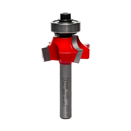 A side-profile view of the Freud 34-110 1/4-inch radius Quadra-Cut bit against a white background, displaying the precision-ground dual-motion cutters and the integrated ball-bearing guide.